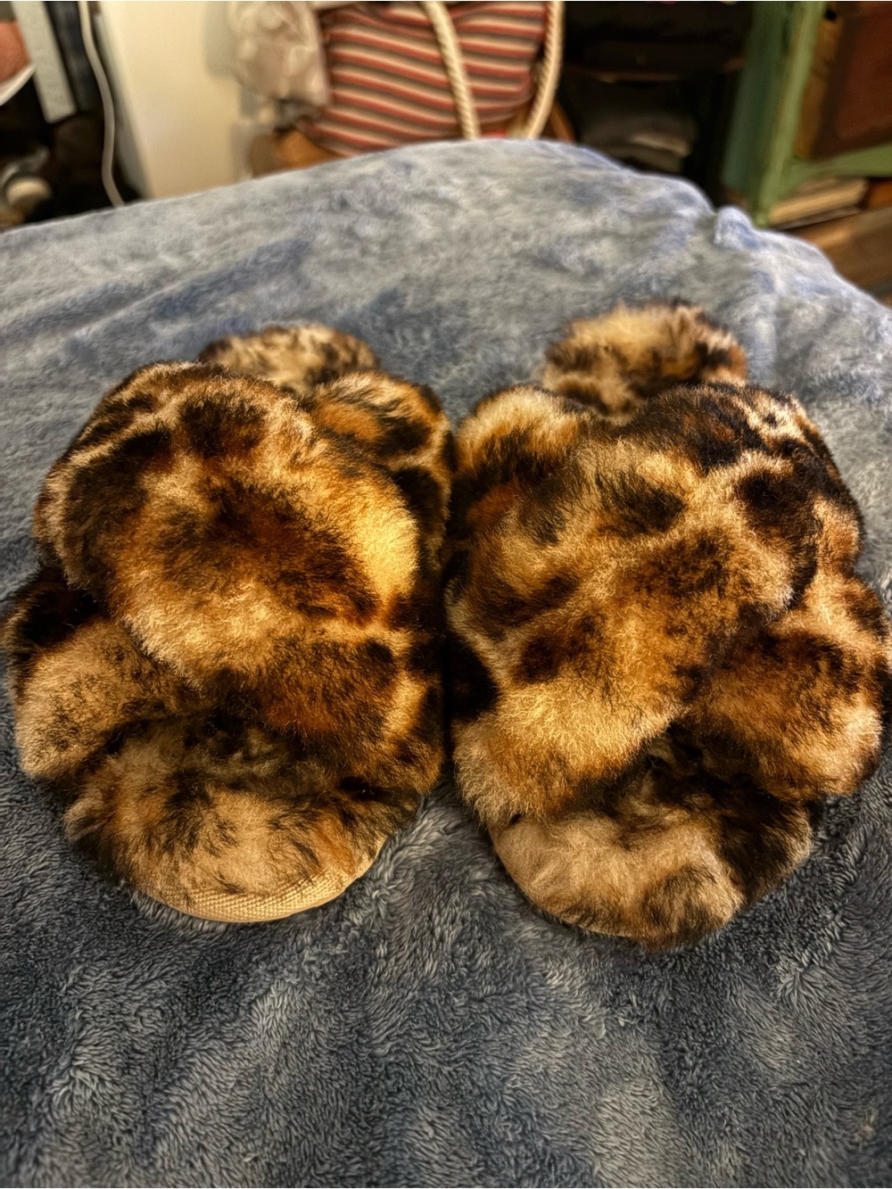 Emu Leopard Print Sheepskin Slide Slippers in Brown and Black